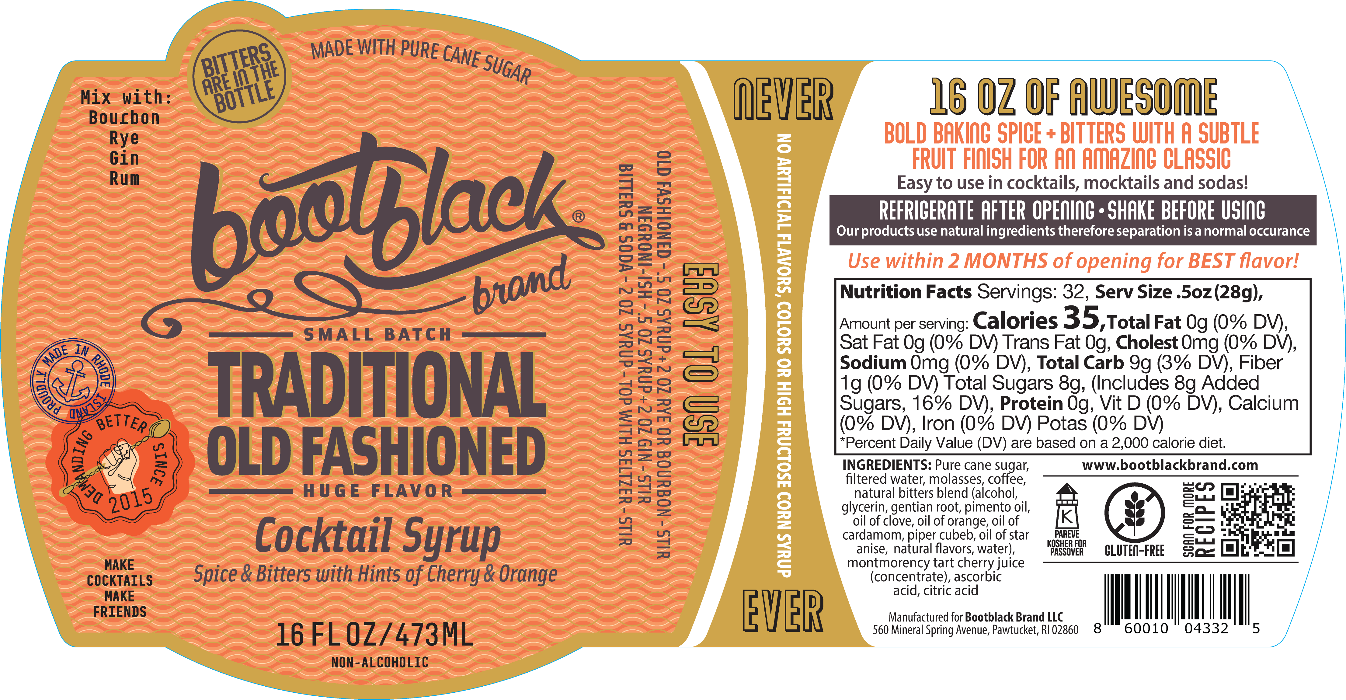Traditional Old Fashioned Cocktail Syrup 16 oz